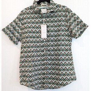 Denim & Flower Mens Button Down Shirt Size S Green Geometric Short Sleeve Casual